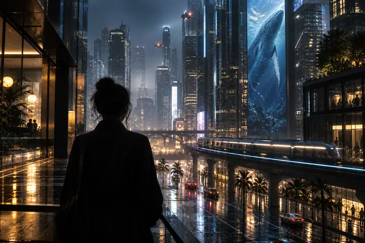 A transformed character in a city